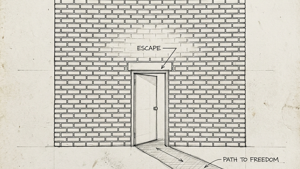 Minimalist hand-drawn pencil schematic of a doorway in a brick wall.